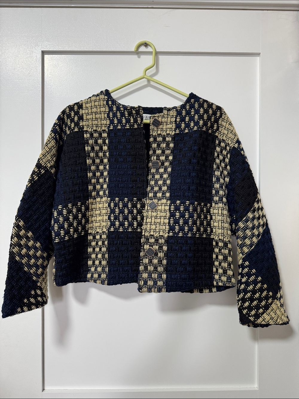 Navy and Cream Checked Textured Cropped Jacket